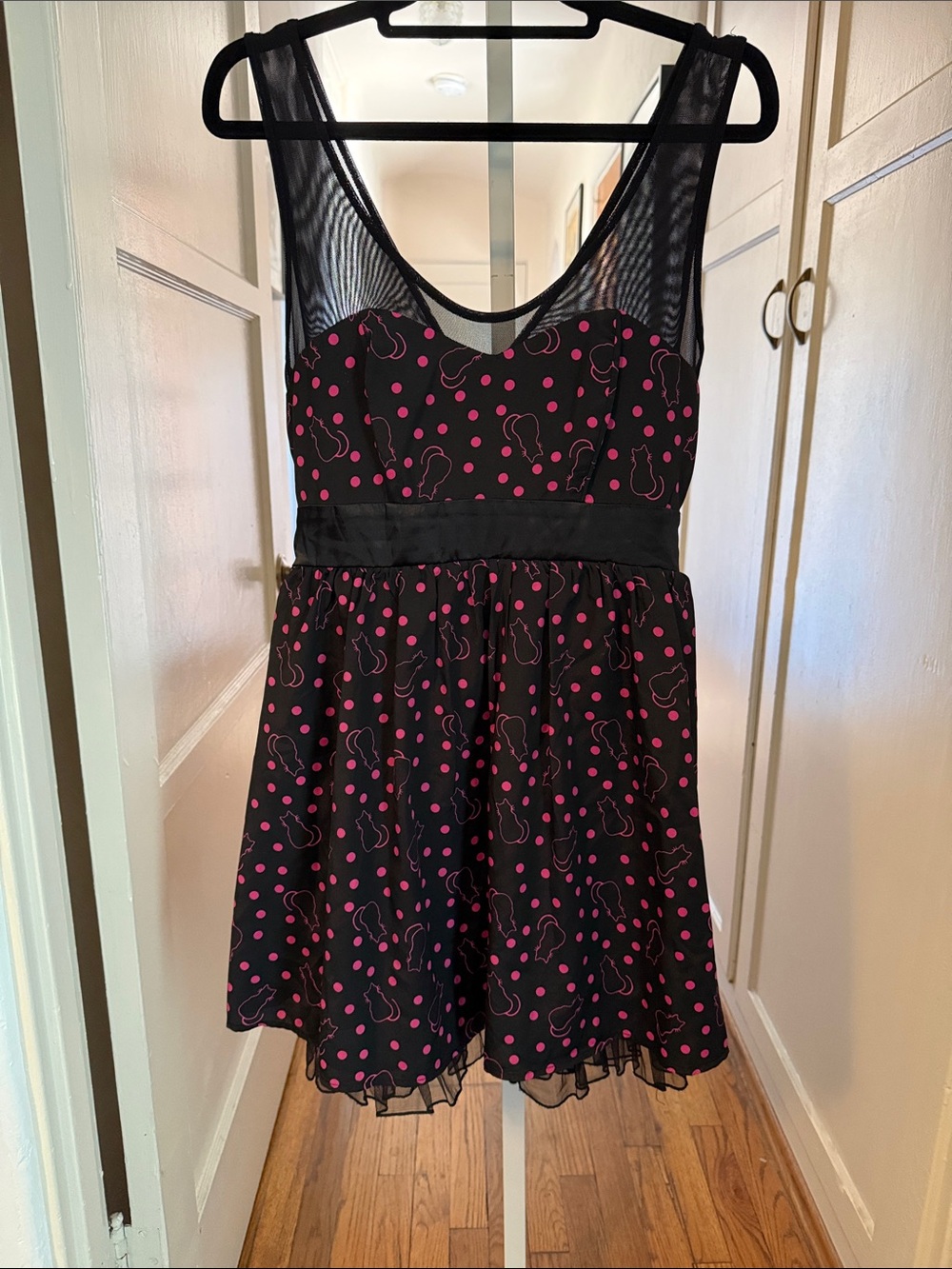 Hot Topic Black Dress with Hot Pink Cats & Polk-a-Dots, Mesh Yoke